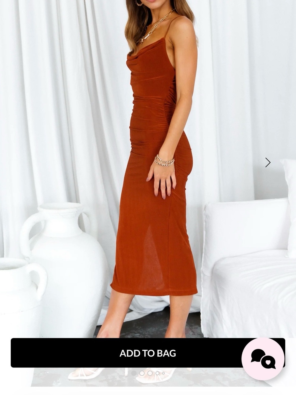 Rust Bodycon Cowl Neck Midi Dress